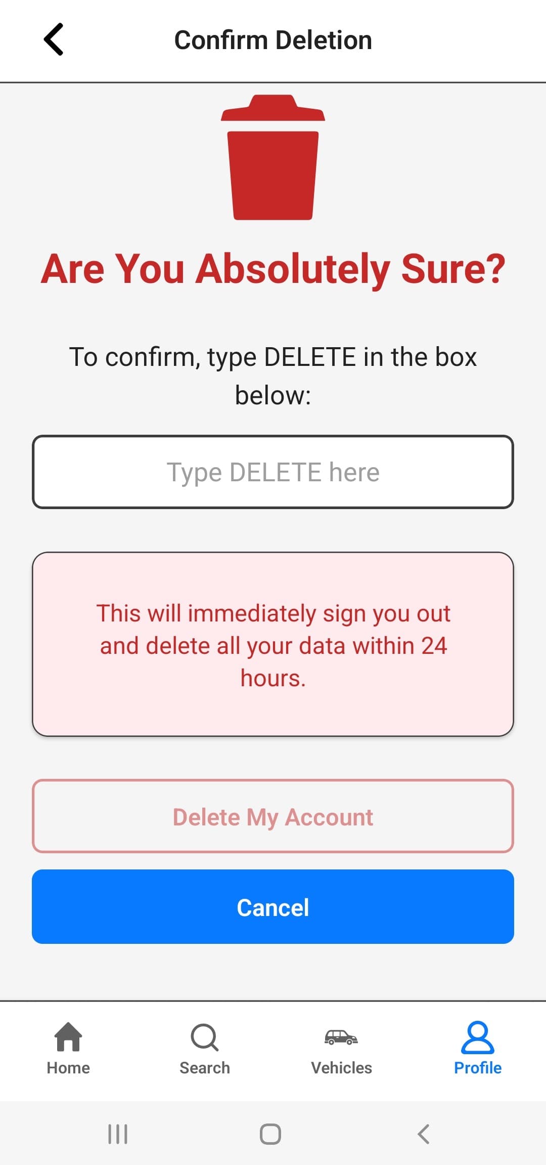 Wayze account deletion flow with continue action