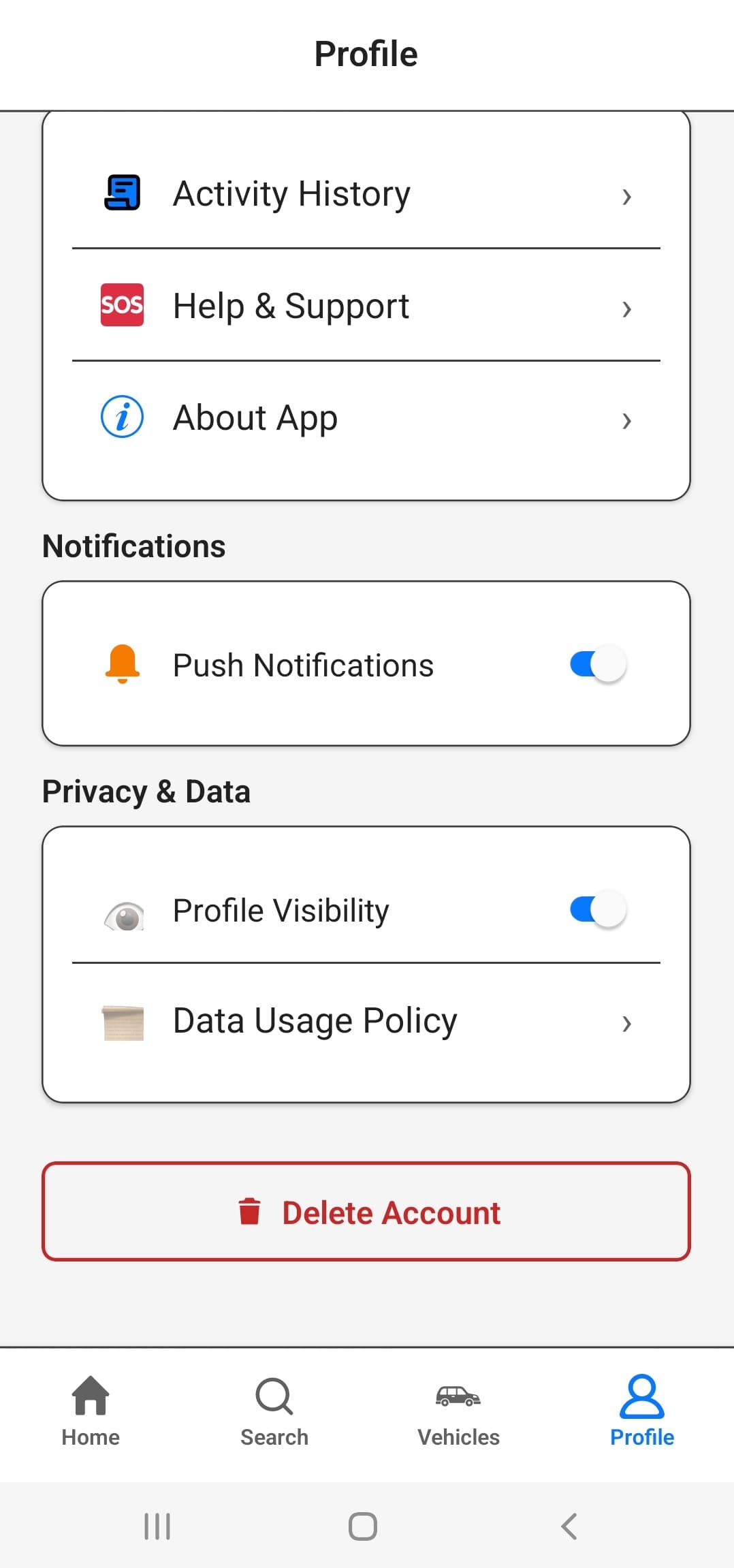 Wayze app profile screen showing Delete Account option