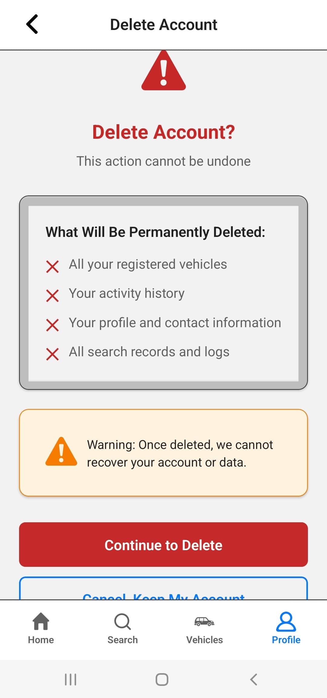 Wayze delete account warning screen showing consequences