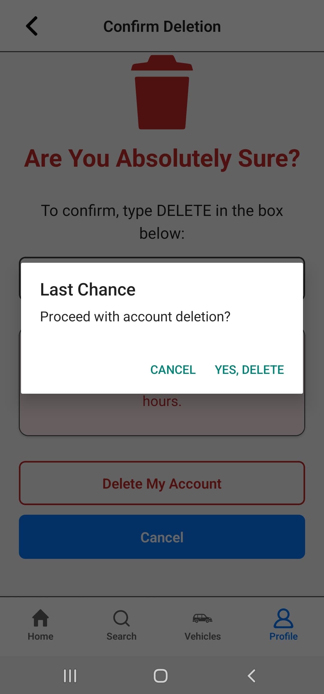 Wayze final delete account confirmation dialog